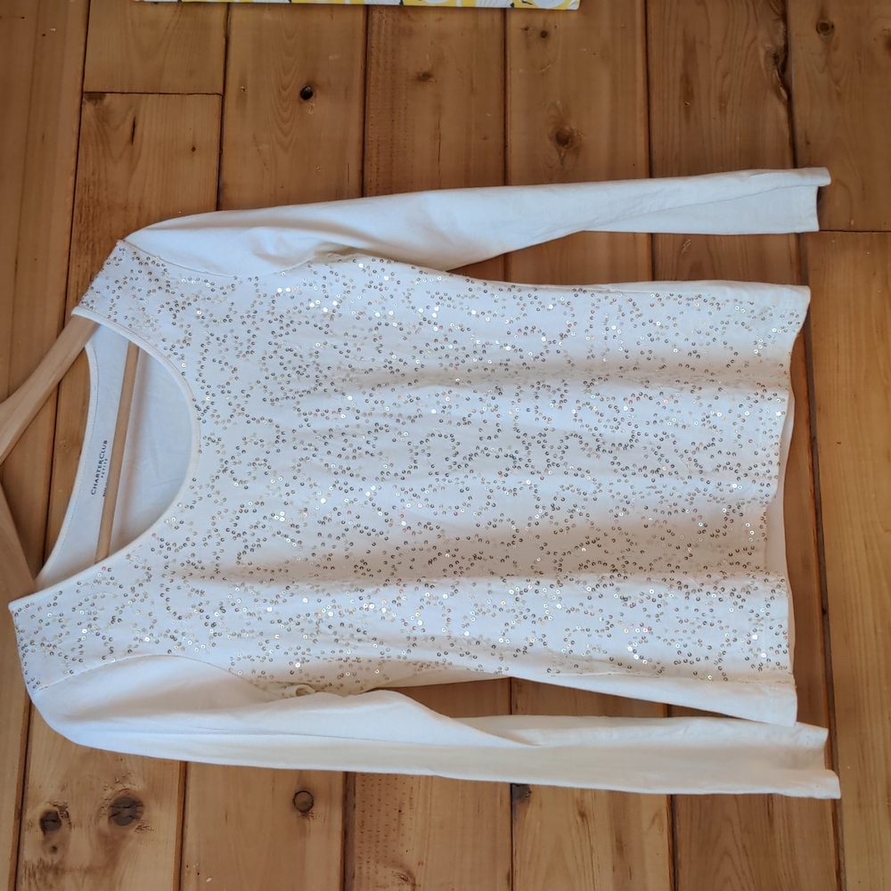 Charter Club long sleeve cream sequinned small cotton jersey top small p… - Picture 8 of 8